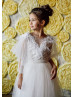 Ruffle Sleeves Beaded Ivory Lace Tulle Feather Flower Girl Dress